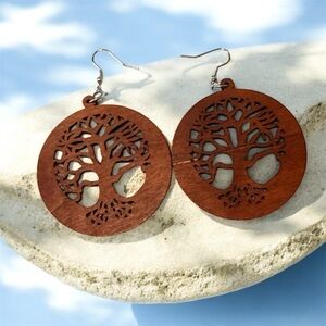 Intricate Tree Design Boho Wooden Earrings